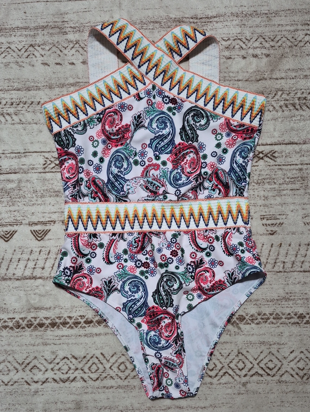 Source Unknown Pink Multicolor Paisley One-Piece Swimsuit with Zigzag Trim